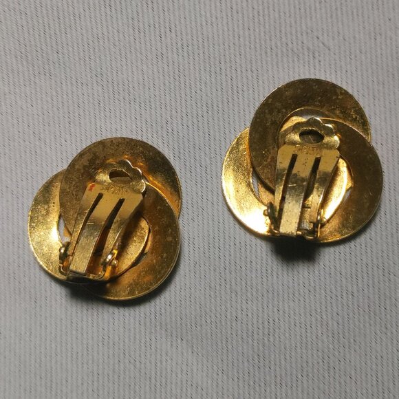 Damascene Spain Love Knot Vintage Gold Tone Ornate Clip On Earrings Etched - Picture 7 of 8